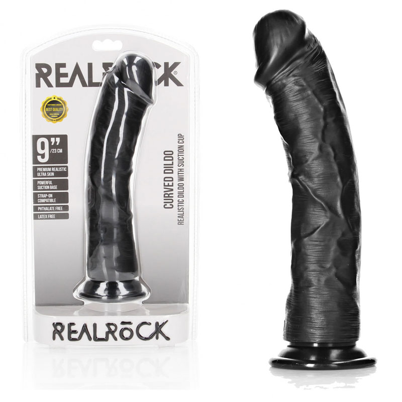 Realrock Realistic 9'' Regular Curved Dildo with Suction Cup - Black